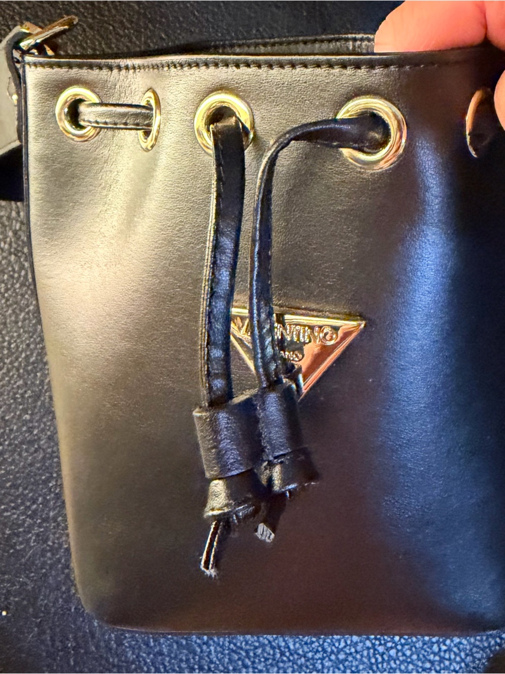 Black Leather Drawstring Bucket Bag with Gold Hardware